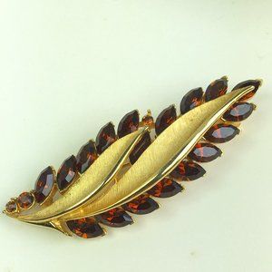 Vintage Leaf Sparkly Brown Jeweled Brooch